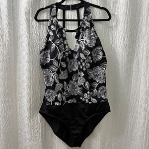 NWT Janrzen Floral Print One‎ Piece Swimsuit High Neck Black White Size 20W